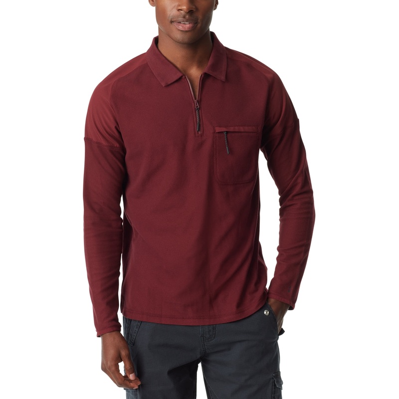 BASS OUTDOOR Mens Long Sleeve Pique Polo Shirt Tawny Port Red Medium