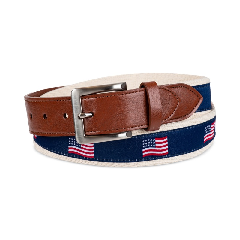 Club Room Men's American Flag Belt Tan Navy Blue Small 30 to 32