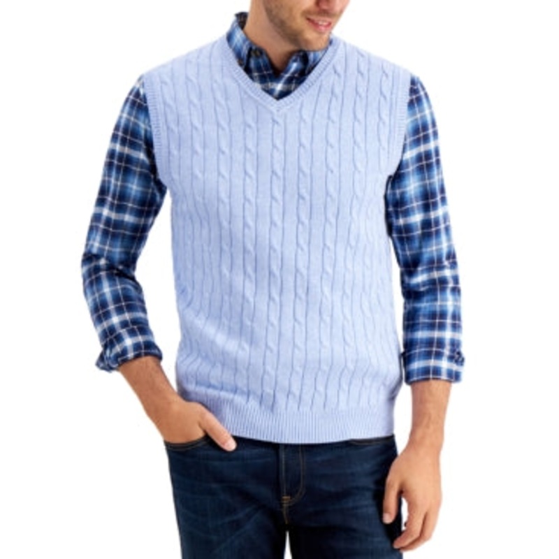 Club Room Men's Cable Knit Cotton Sweater Vest Blue Yonder Heather Small