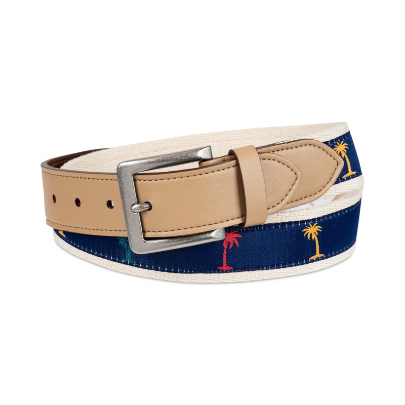 Club Room Men's Palm Tree Ribbon Belt Beige Blue Medium 34 to 36