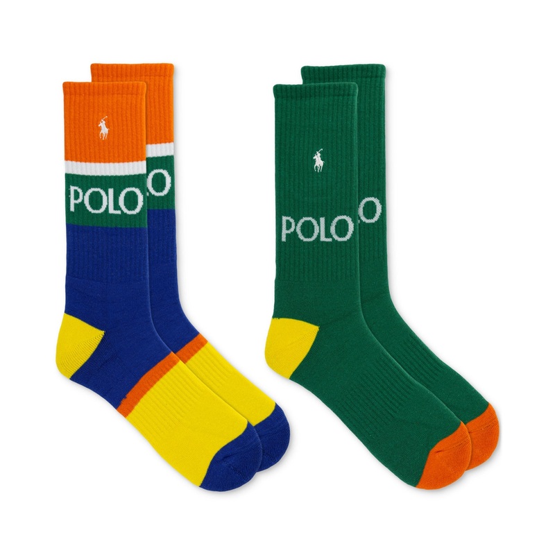 Polo Ralph Lauren Men's 2 Pack Logo Stripe Crew Socks Blue Green Orange 10 to 13