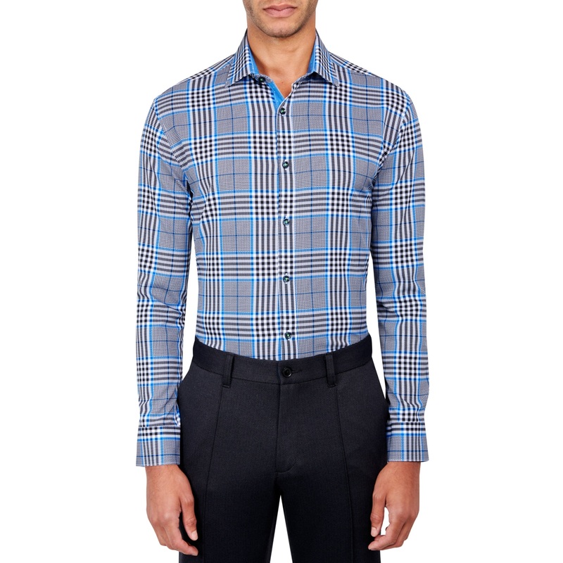Society of Threads Mens Slim Fit Button Down Shirt Plaid Blue L 16 16.5 34 35
