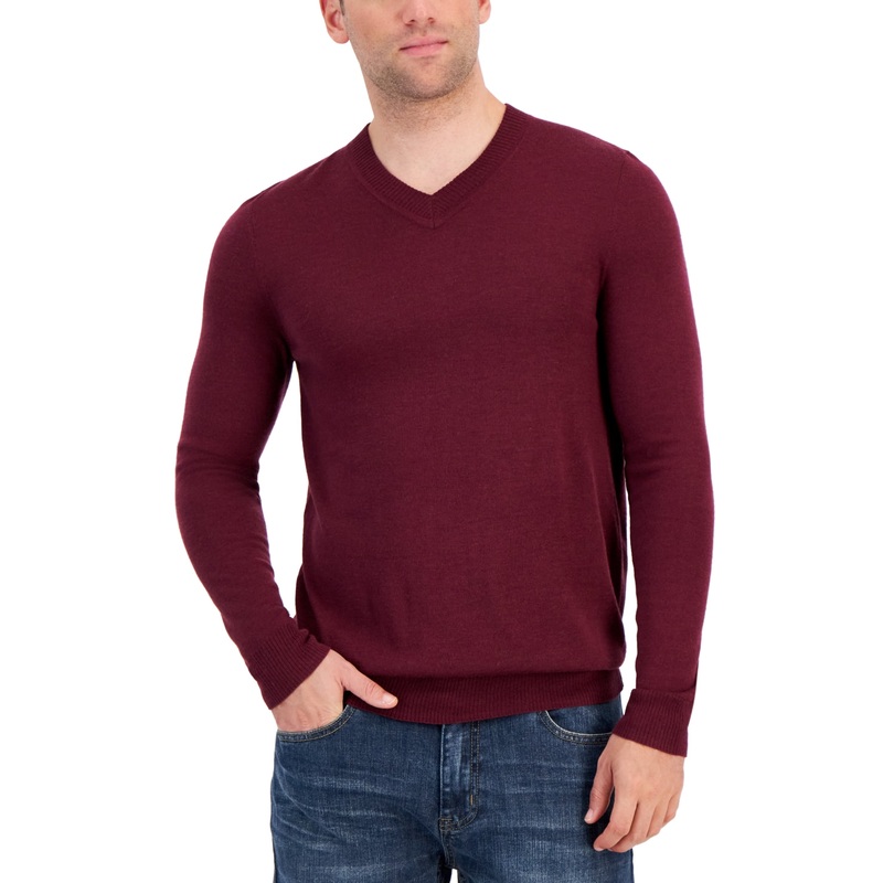 Alfani Men's Long Sleeve V Neck Merino Sweater Maroon Banner Red Small
