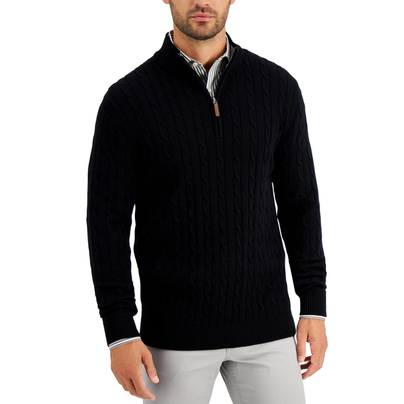 Club Room Mens Cable Knit Quarter Zip Sweater Solid Black Small