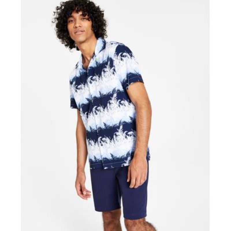 Society of Threads Men's Slim Fit Striped Leaf Print Camp Shirt Blue White Large