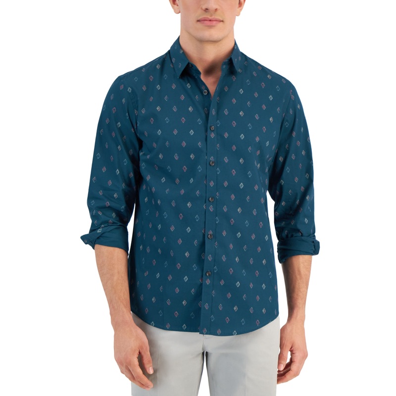 Alfani Men's Fulano Diamond Print Long Sleeve Button Down Shirt Blue Gem 2XL