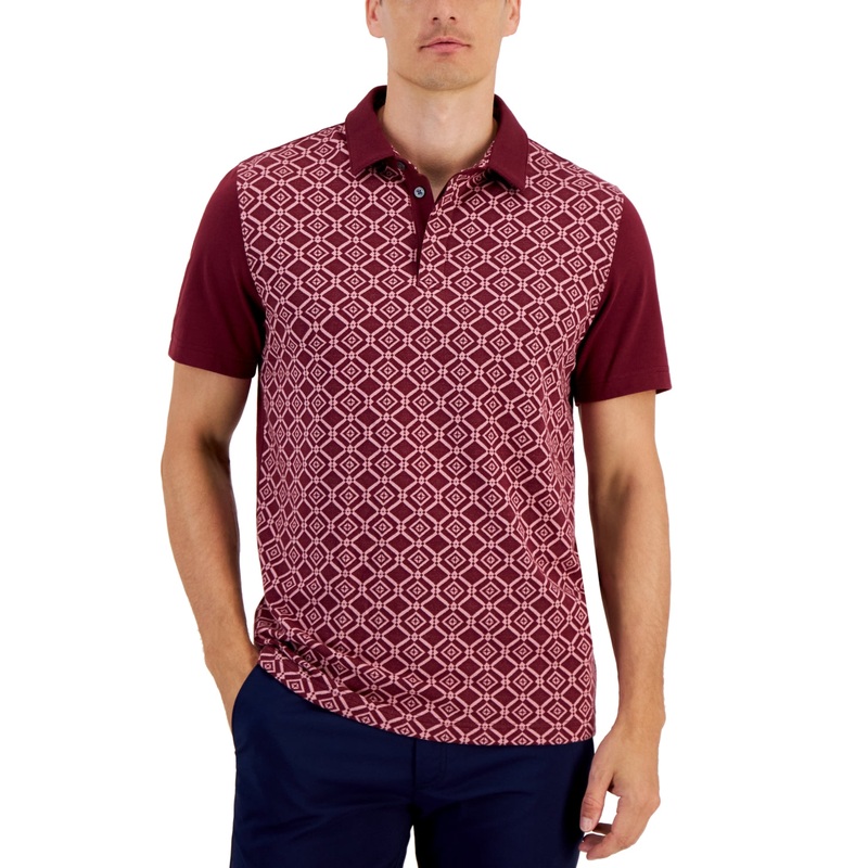 Alfani Men's Niko Regular Fit Geo Jacquard Polo Shirt Maroon Banner Red 3XL