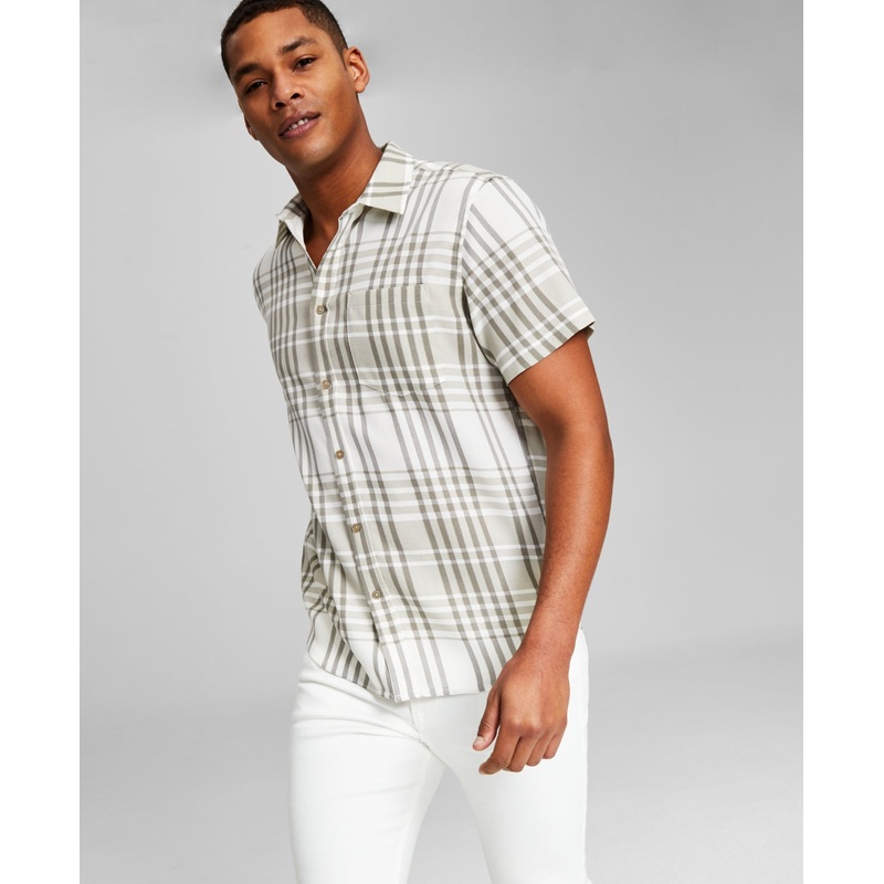 And Now This Men's Plaid Woven Short Sleeve Button Down Shirt Grey Small