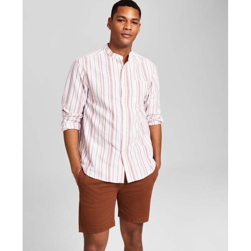 And Now This Mens Banded Collar Striped Button Down Shirt Brown Medium