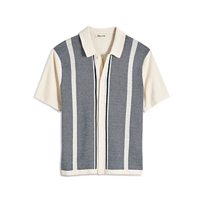 Madewell Mens Cotton Sweater Knit Stripe Button Down Polo Shirt White Small