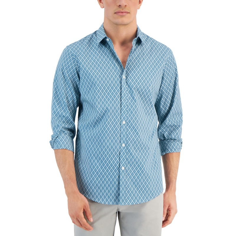 Alfani Men's Four Geo Print Long Sleeve Button Down Shirt Could Blue 3XL