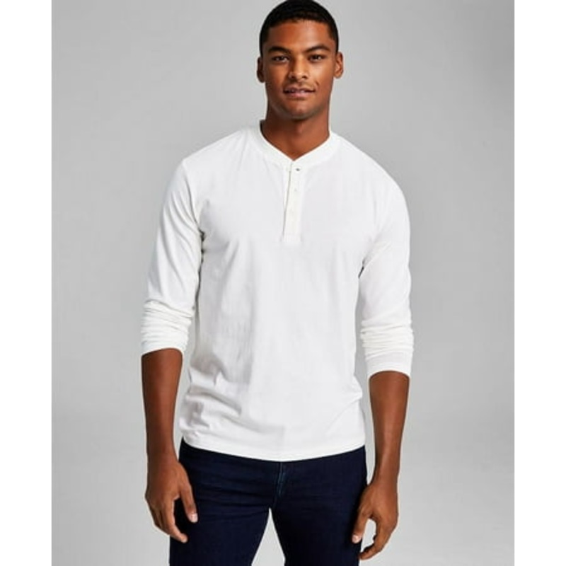 And Now This BRIGHT WHITE Mens Long-Sleeve Henley T Shirt XL