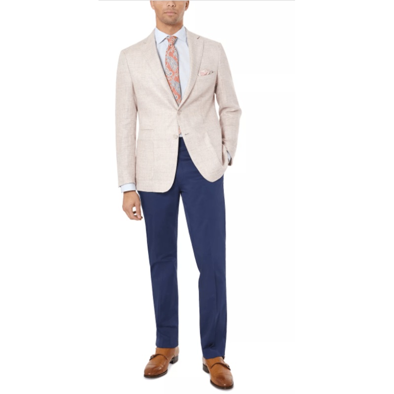 Tallia Mens Slim Fit Plaid Linen Sport Coat Blazer Jacket Blue Pink 44S