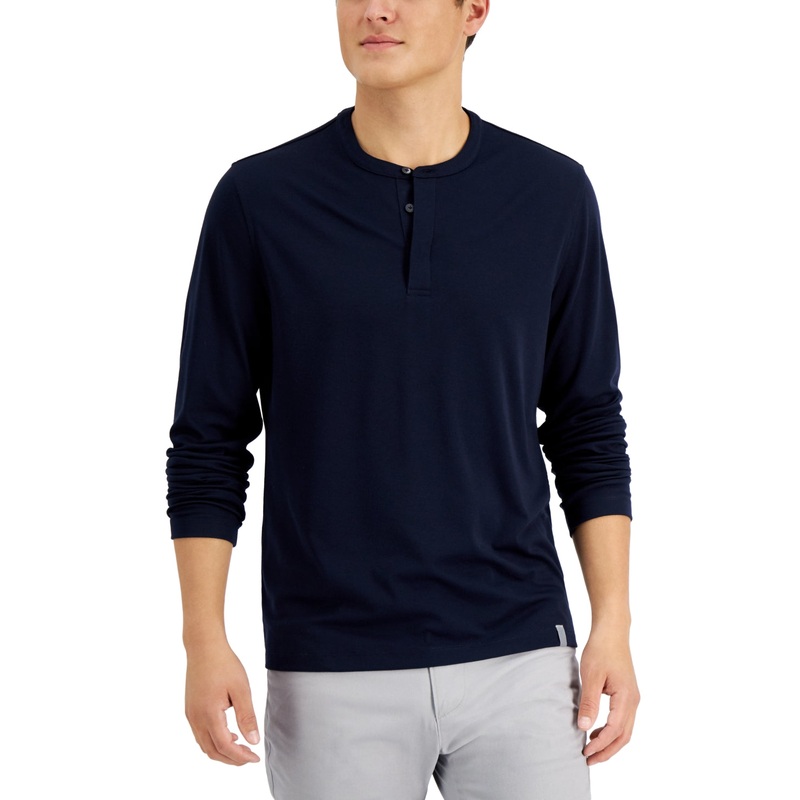 Alfani Alfatech Men's Heathered Long Sleeve Henley Shirt Navy Blue Small