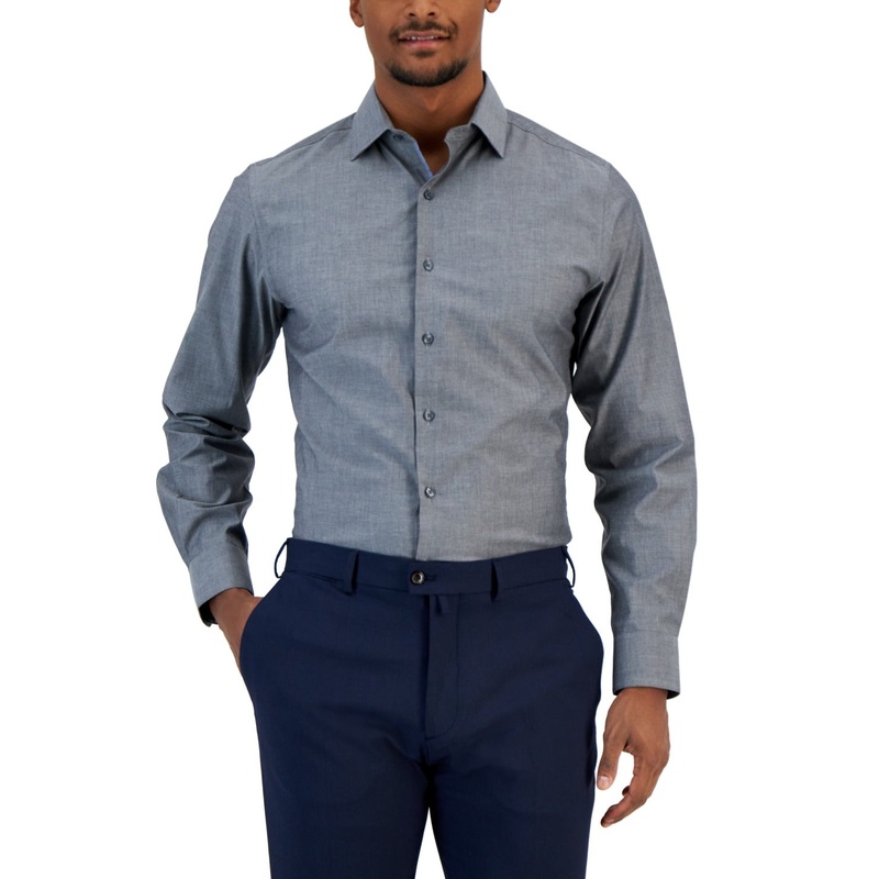 BAR III Men's Slim Fit Chambray Dress Shirt Small 14 14.5 Charcoal Grey