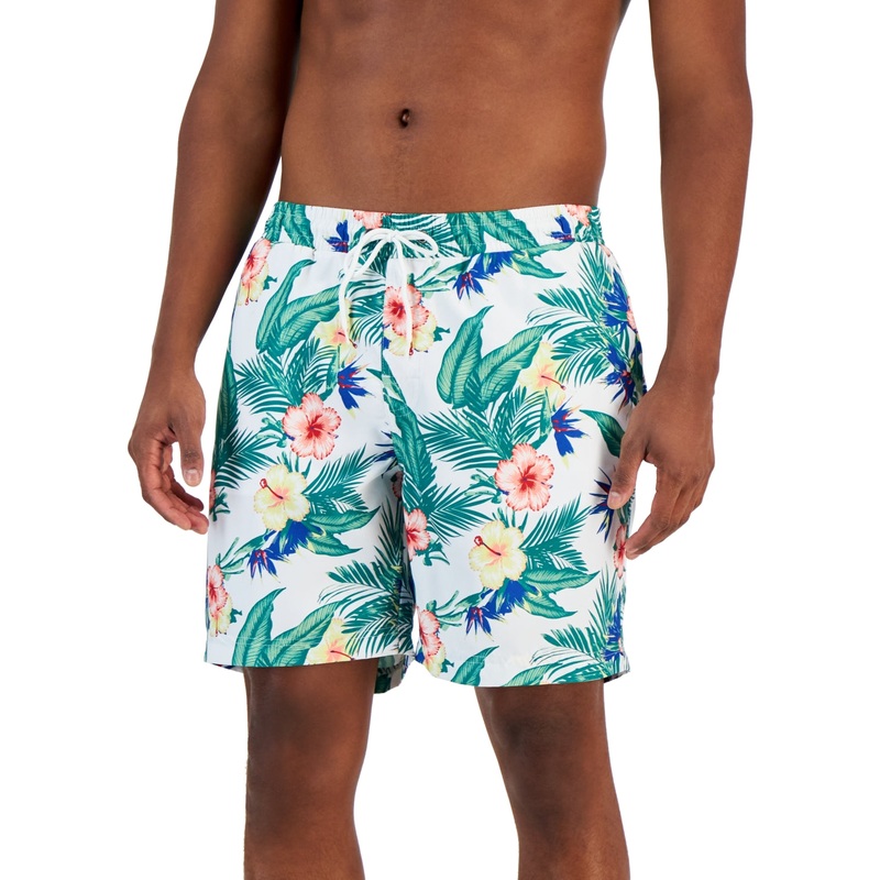 Club Room Men's Daniel Tropical Swim Trunks Tropical Print White Green Small