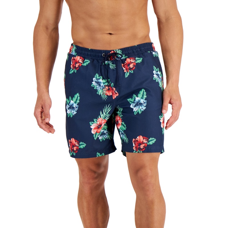Club Room Men's Floral Print 7" Swim Trunks Navy Blue XL