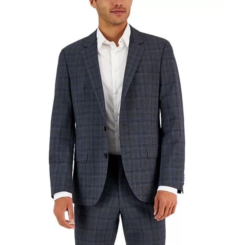 Hugo Boss Men's Slim-Fit Suit Jacket 36S Grey Blue Plaid