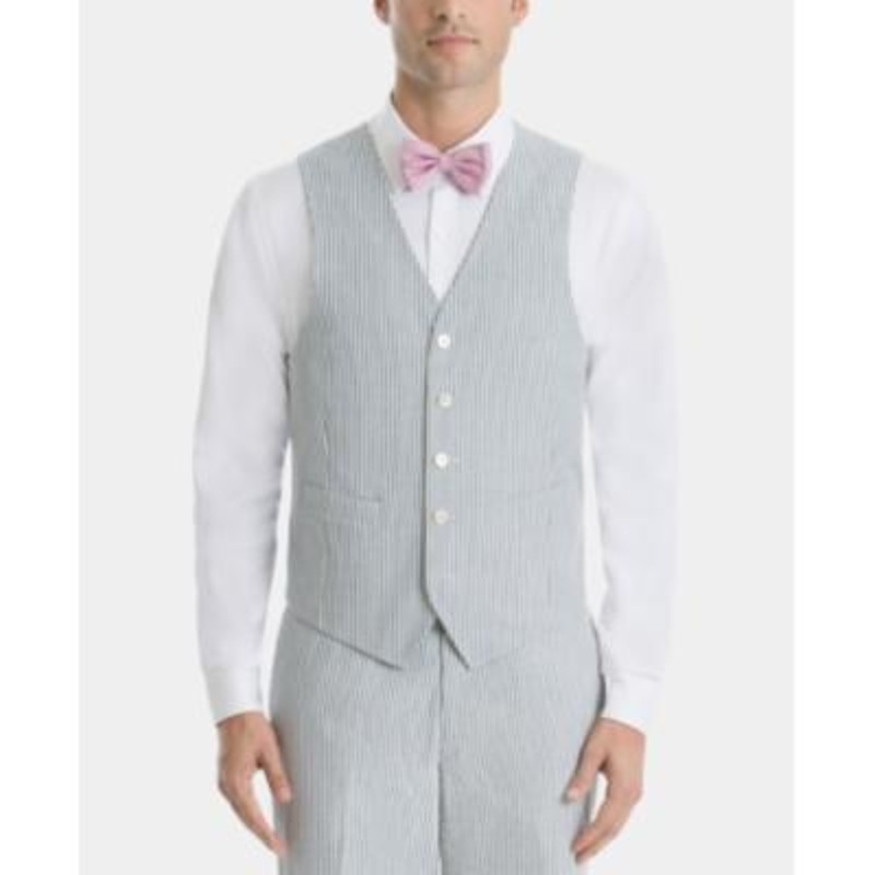 Lauren Ralph Lauren Men's Classic Fit Seersucker Vest Grey Blue Stripe Medium