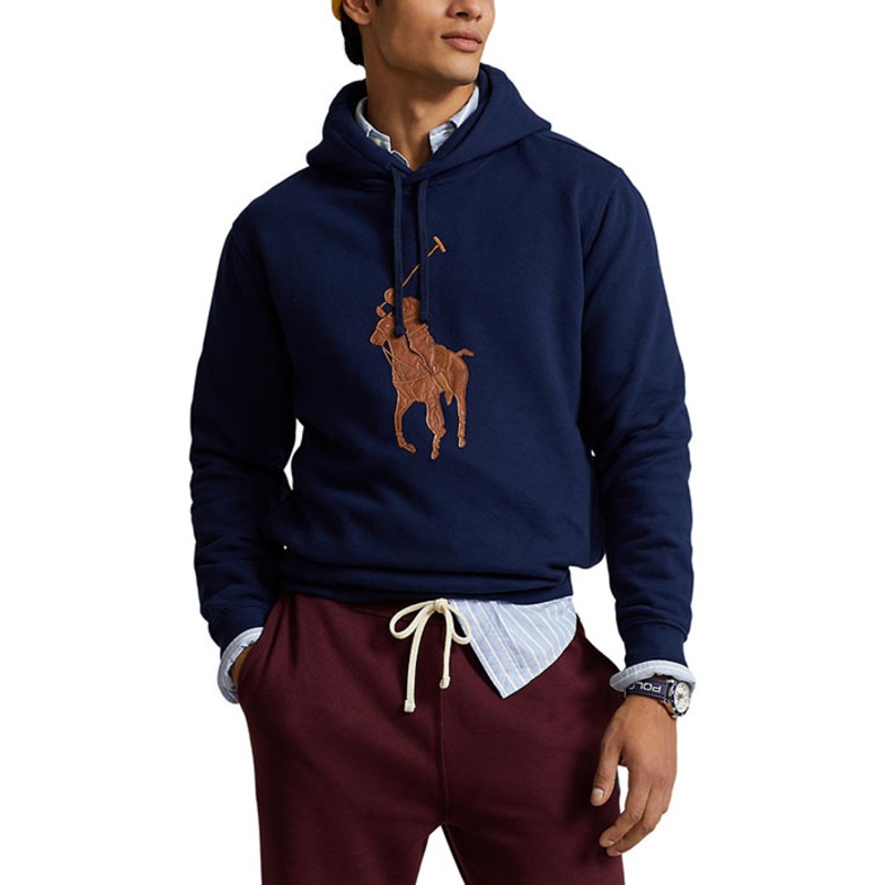 Polo Ralph Lauren Men's RL Fleece Leather Big Pony Hoodie Sweatshirt Large Navy