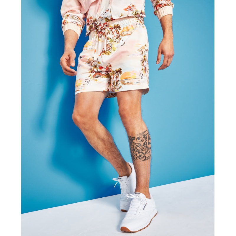 Royalty by Maluma Men's Relaxed Fit Printed 5 Swim Trunks Aloha Beige Medium