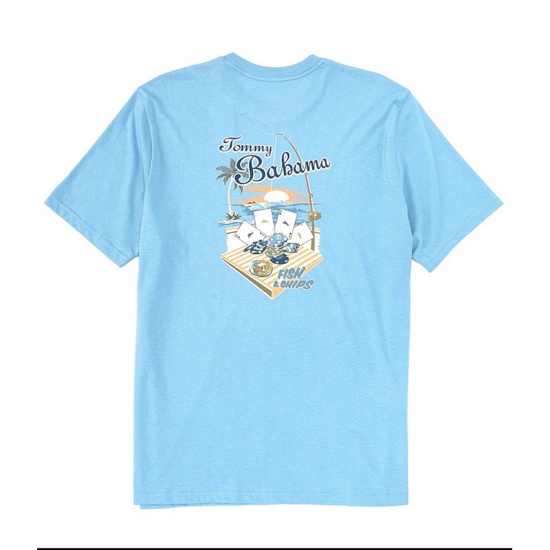 TOMMY BAHAMA Men's Fish and Chips Graphic-Print T Shirt XXL Blue
