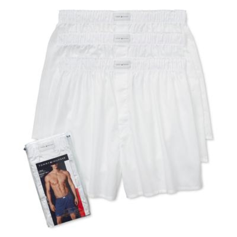 Tommy Hilfiger Men's 3 Pack Underwear Printed Cotton Poplin Boxers White Small