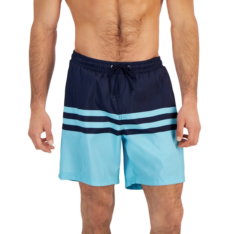 Club Room Men's Quick Dry Colorblocked Stripe 7" Swim Trunks Island Blue Large