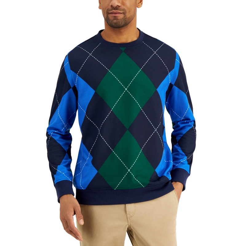 Club Room Men's Regular Fit Argyle French Terry Crewneck Sweatshirt Blue Large