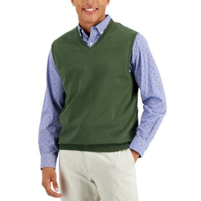 Club Room Men's Solid V Neck Sweater Vest Green Wild Ivy Medium