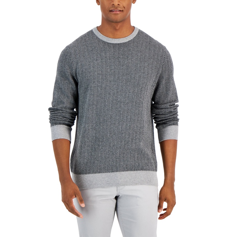 Club Room Men's Striped Crewneck Pullover Sweater XL Herringbone Grey