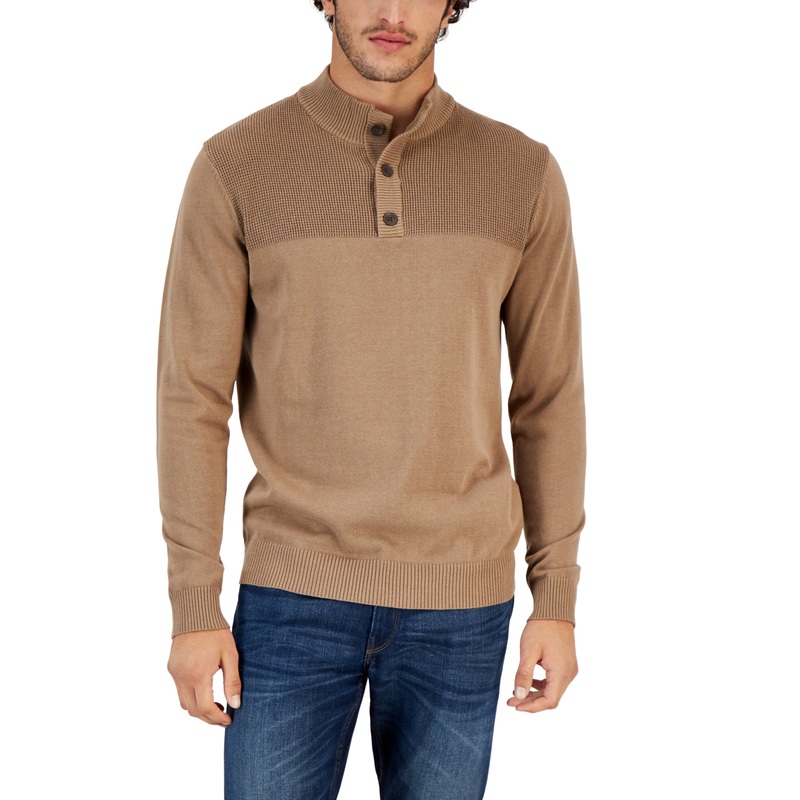 Club Room Mens Mock Neck Henley Waffle Sweater Small Brown