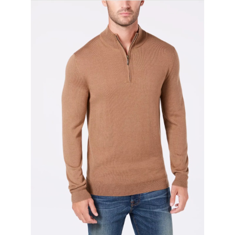Club Room Mens Regular Fit Quarter Zip Sweater Tan Large Wool Blend