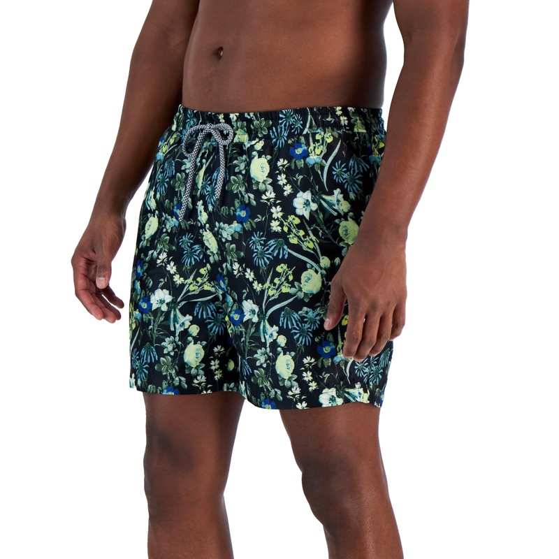 INC International Concepts Men's Garden Floral Print 5" Swim Trunks Black Medium