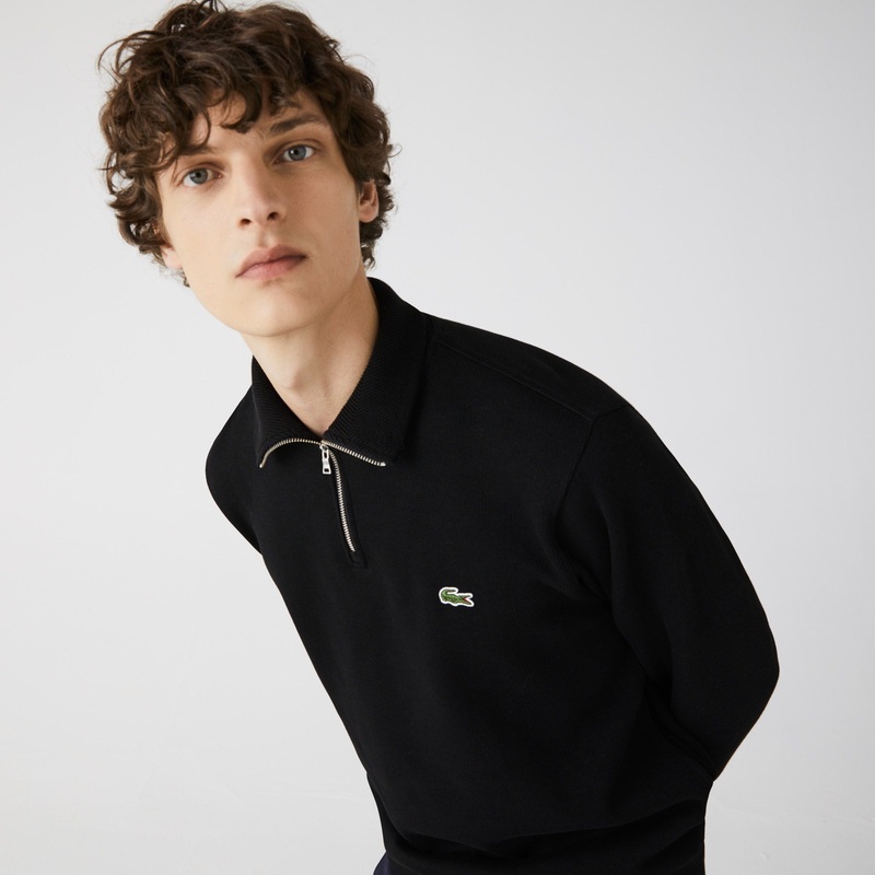 Lacoste Men's Solid Quarter-Zip Interlock Ribbed Sweatshirt Black Large / 5