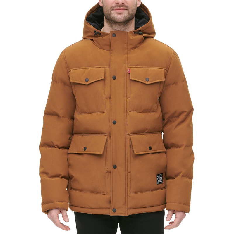 Levi's Men's Quilted Four Pocket Parka Hoody Puffer Jacket Medium Worker Brown