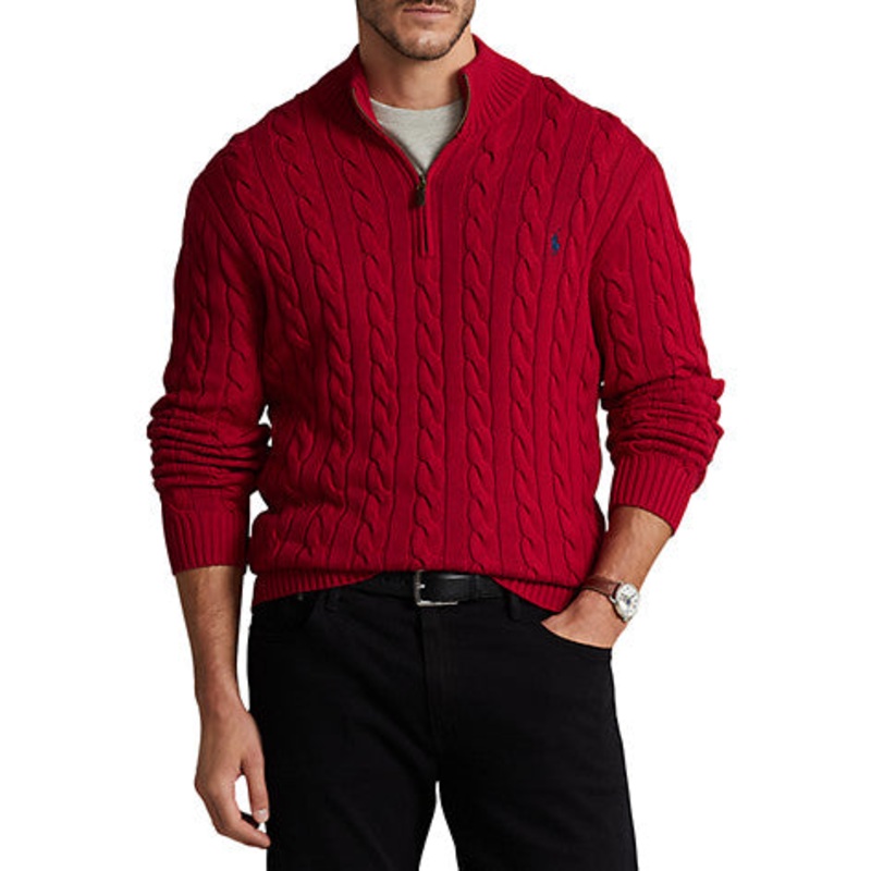 Polo Ralph Lauren Mens Big Tall Cable-Knit Cotton Quarter Zip Sweater Red XLT
