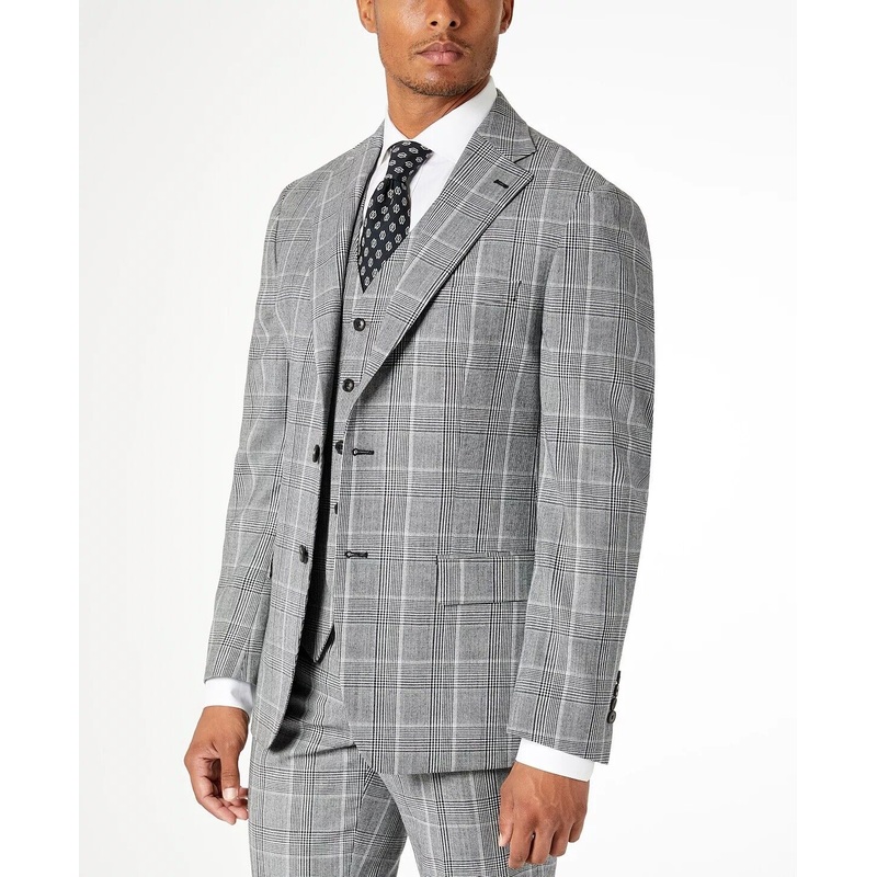 TALLIA Men's Slim-Fit Plaid Suit Jacket Black 38R White Plaid