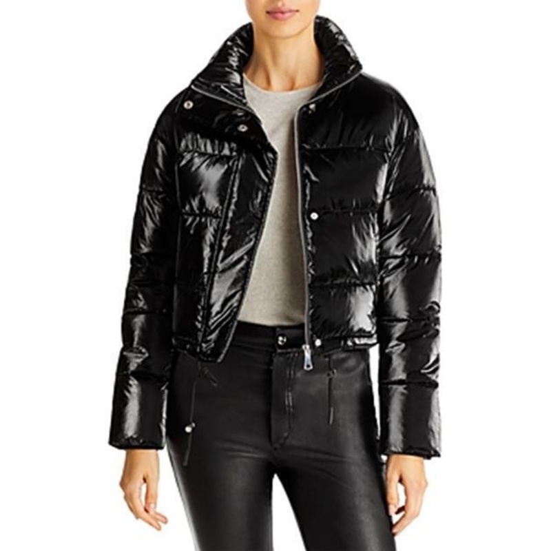 Aqua Women's Shiny Cropped Puffer Jacket Black Medium