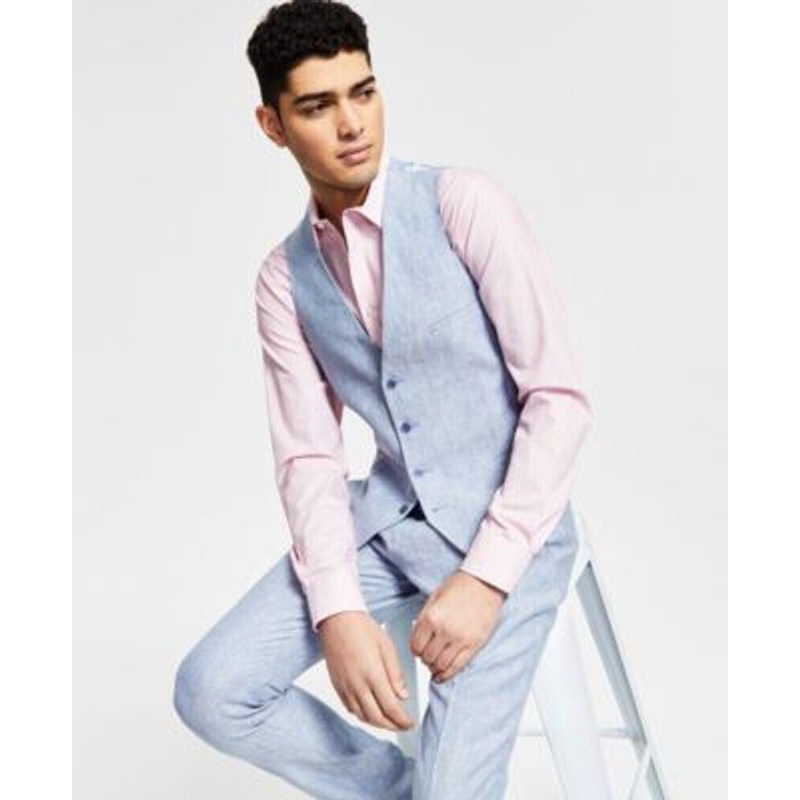 Bar III Men's Slim-Fit Chambray Pure Linen Solid Blue Suit Vest Large