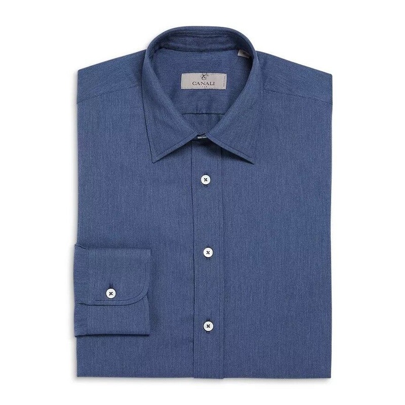 Canali Mens Brushed Twill Sport Dress Shirt XL Modern Fit Blue