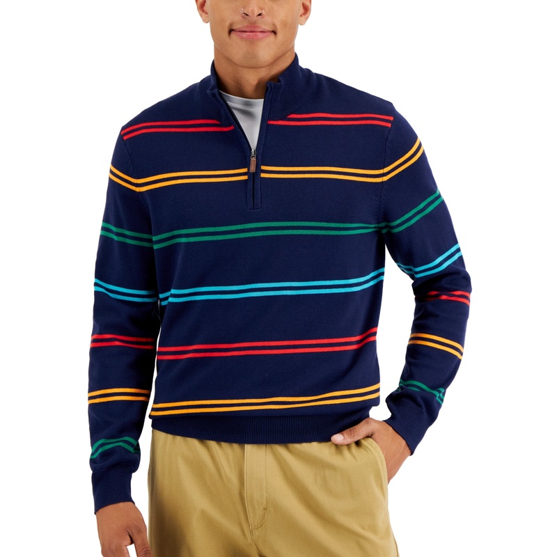 Club Room Men's Jolly Stripe Quarter-Zip Sweater Medium Navy Blue
