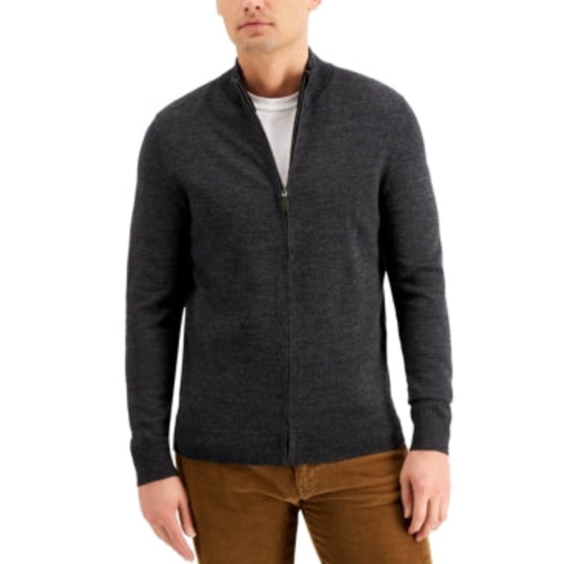 Club Room Men's Merino Full Zip-Front Sweater XL Grey Ebony Heather