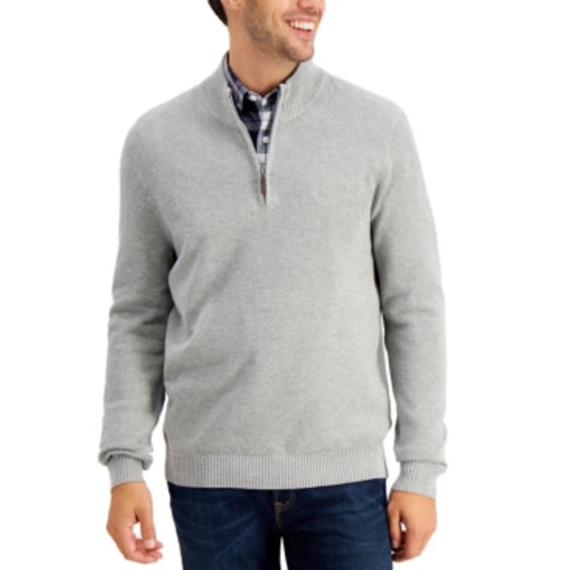 CLUB ROOM Men's Quarter-Zip Textured Cotton Sweater Heather Gray 2XL XXL