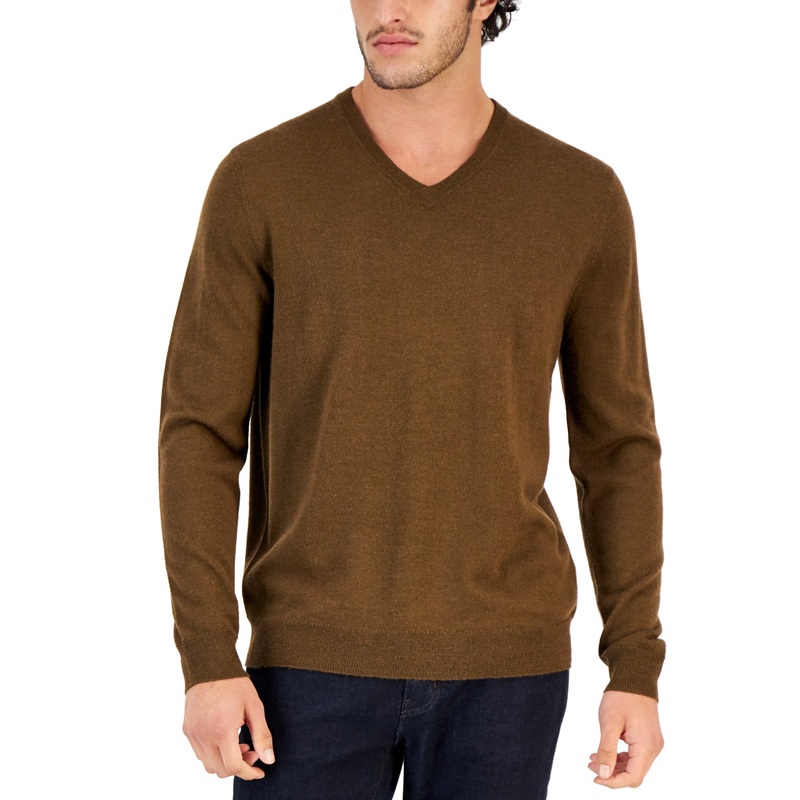 Club Room Men's Solid V-Neck Merino Wool Blend Sweater XXL Chocolate Brown