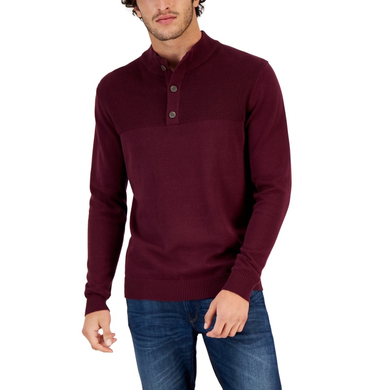 Club Room Mens Mock Neck Waffle Sweater Red Plum 2XL XXL Cotton