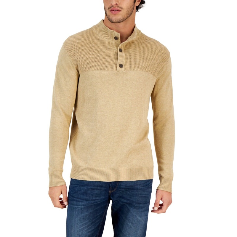 Club Room Mens Waffle Henley Sweater Toast Heather Large