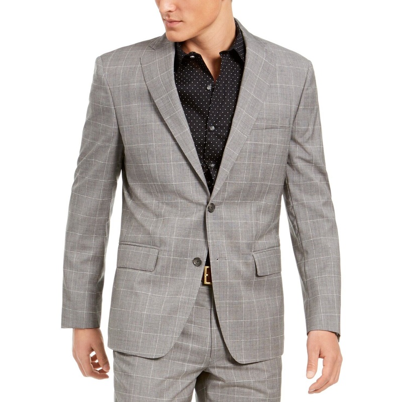 DKNY Men's Slim-Fit Stretch Suit Jacket 46R Grey Windowpane Plaid
