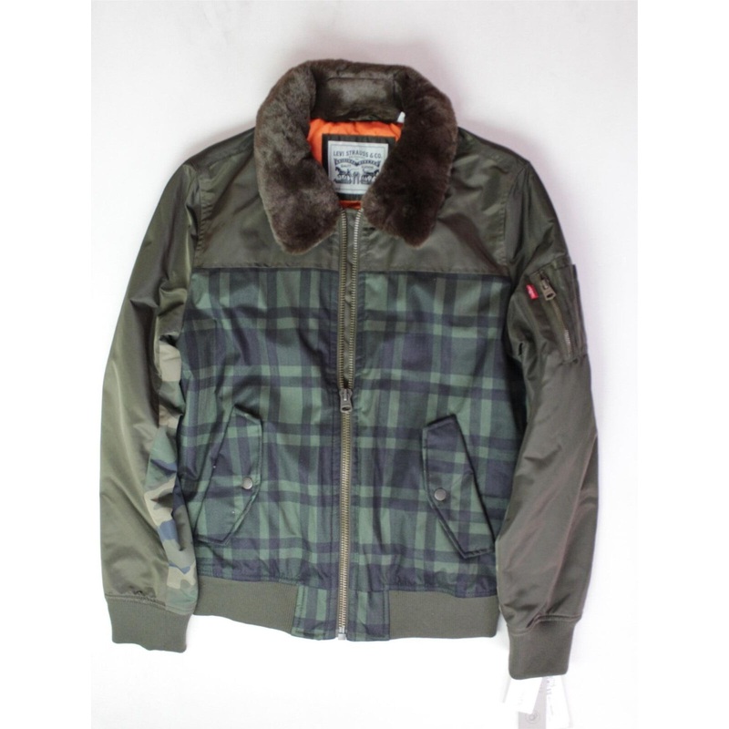 LEVI'S Mens Flight Bomber Jacket Small Faux Fur Removable Collar Camo Green