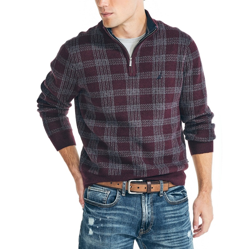 Nautica Men's Sustainably Crafted Quarter-Zip Plaid Sweater Rio Red XL